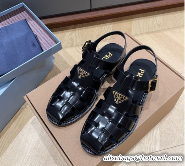 Best Product Prada Brushed Leather Strap Sandals Black 2025 PR060309