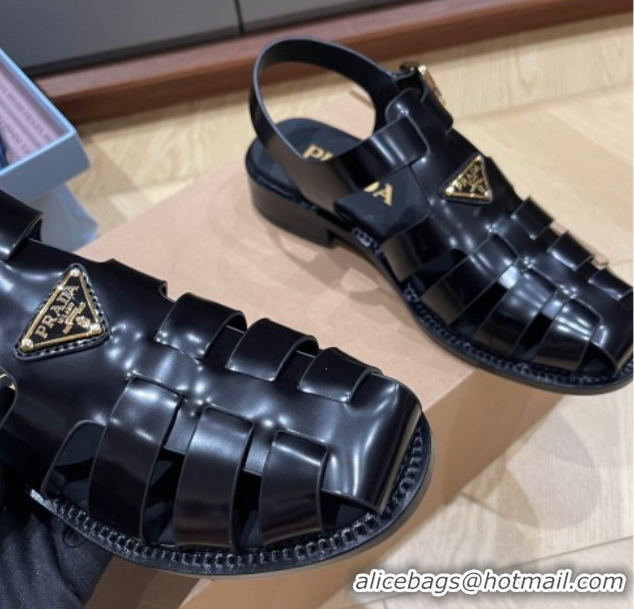 Best Product Prada Brushed Leather Strap Sandals Black 2025 PR060309