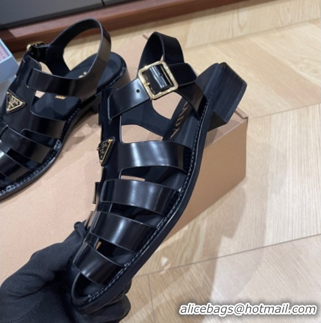 Best Product Prada Brushed Leather Strap Sandals Black 2025 PR060309