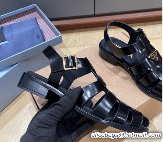 Best Product Prada Brushed Leather Strap Sandals Black 2025 PR060309