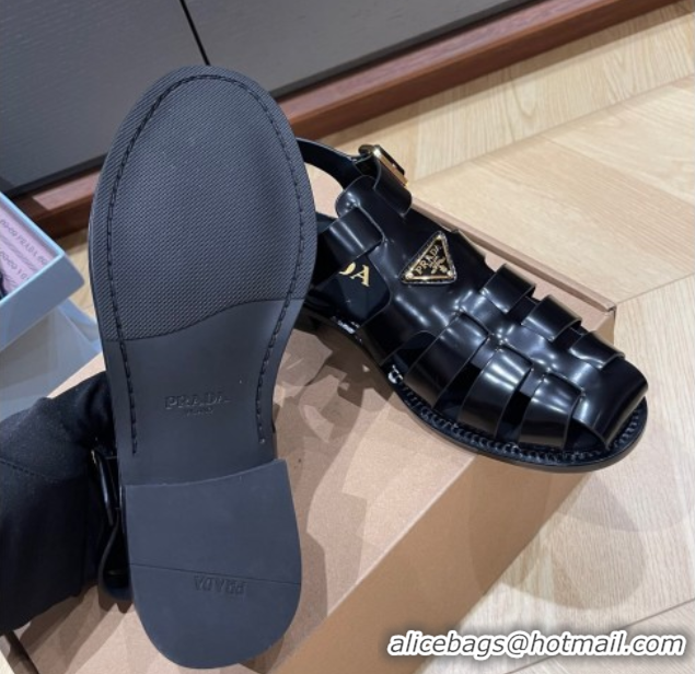 Best Product Prada Brushed Leather Strap Sandals Black 2025 PR060309