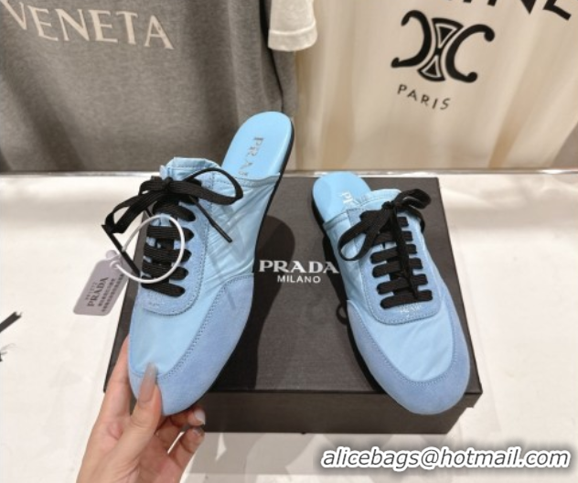 Low Price Prada Collapse Re-Nylon and suede mules Light Blue 2025 1E989N