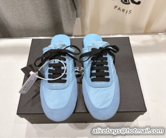 Low Price Prada Collapse Re-Nylon and suede mules Light Blue 2025 1E989N