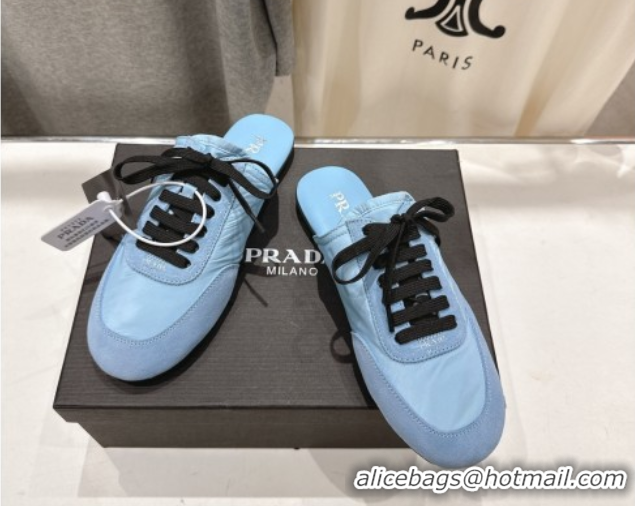 Low Price Prada Collapse Re-Nylon and suede mules Light Blue 2025 1E989N
