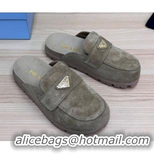 Good Looking Prada Suede Flat Mules Grey 2025 043002