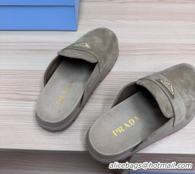 Good Looking Prada Suede Flat Mules Grey 2025 043002