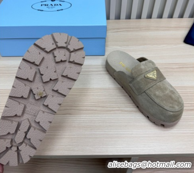 Good Looking Prada Suede Flat Mules Grey 2025 043002