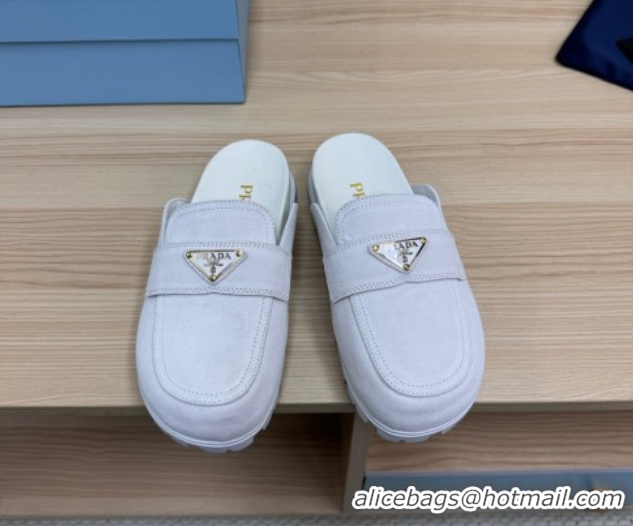 Trendy Design Prada Suede Flat Mules White 2025 043002