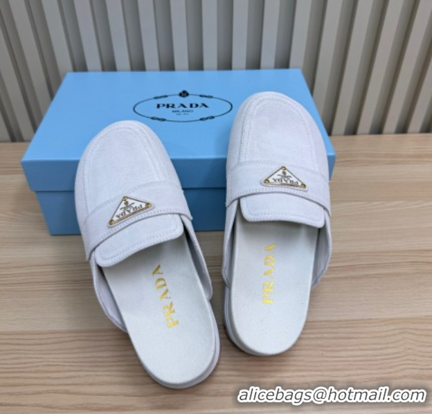 Trendy Design Prada Suede Flat Mules White 2025 043002