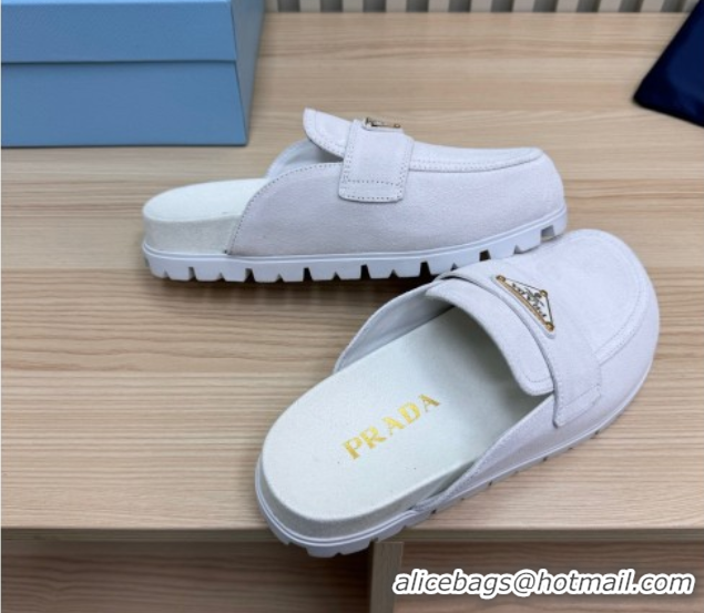 Trendy Design Prada Suede Flat Mules White 2025 043002