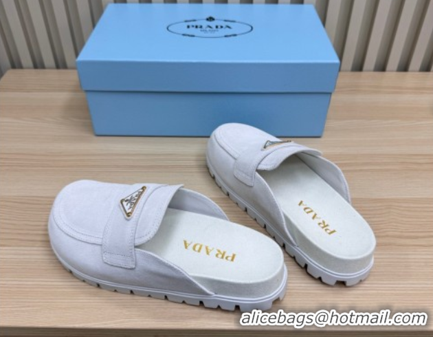 Trendy Design Prada Suede Flat Mules White 2025 043002