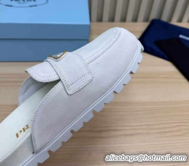 Trendy Design Prada Suede Flat Mules White 2025 043002