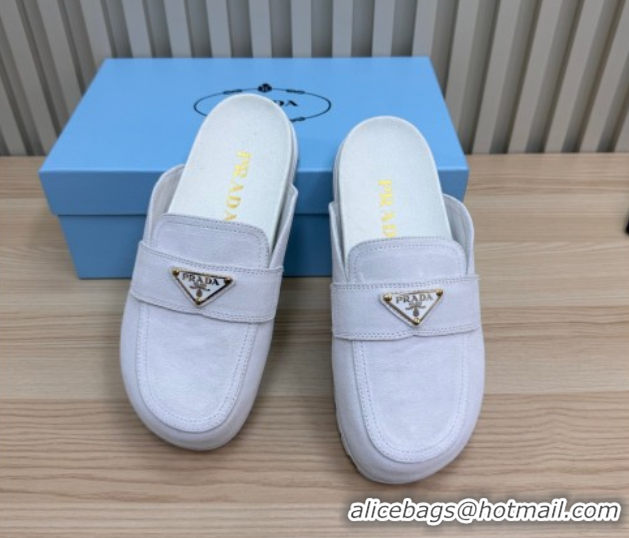 Trendy Design Prada Suede Flat Mules White 2025 043002