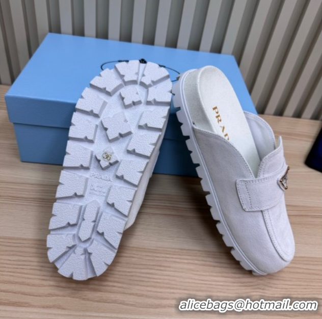 Trendy Design Prada Suede Flat Mules White 2025 043002