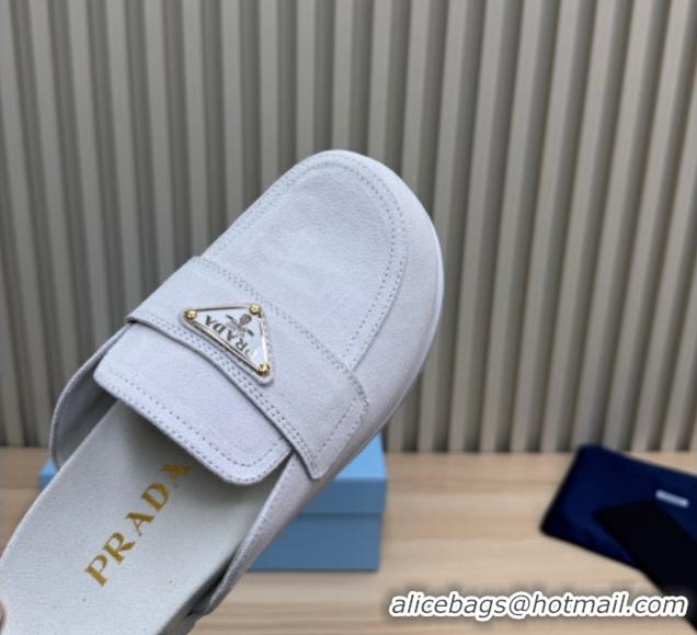 Trendy Design Prada Suede Flat Mules White 2025 043002