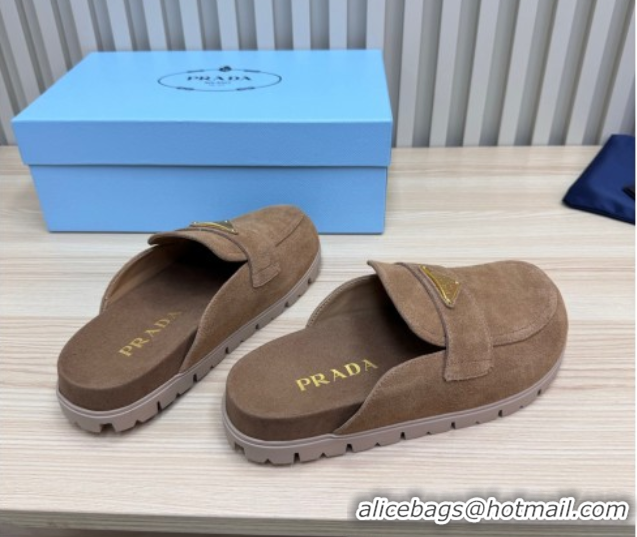Durable Prada Suede Flat Mules Taupe Brown 2025 043002