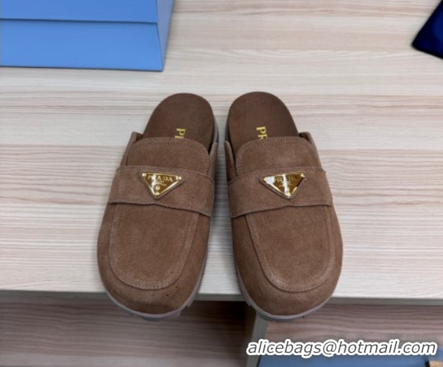 Durable Prada Suede Flat Mules Taupe Brown 2025 043002