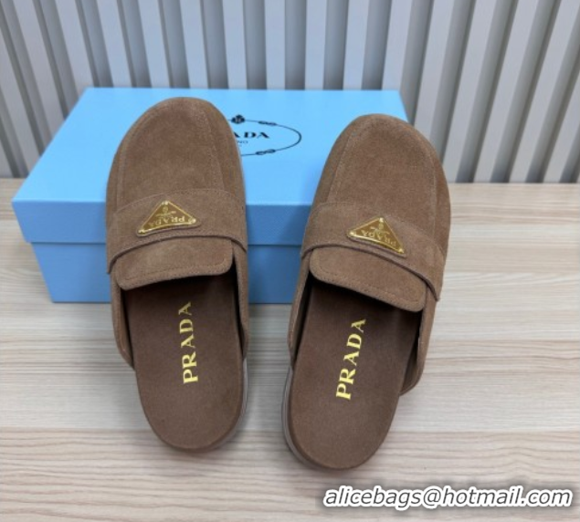 Durable Prada Suede Flat Mules Taupe Brown 2025 043002