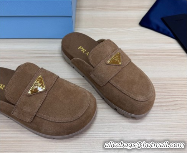 Durable Prada Suede Flat Mules Taupe Brown 2025 043002