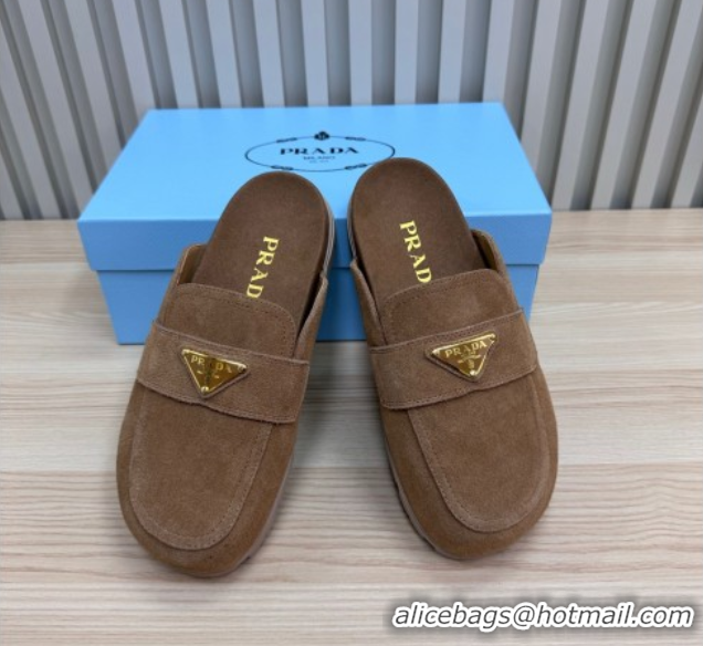 Durable Prada Suede Flat Mules Taupe Brown 2025 043002