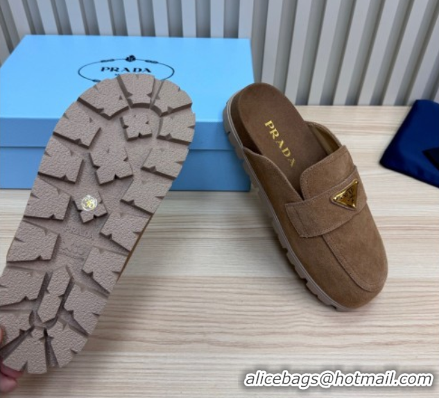 Durable Prada Suede Flat Mules Taupe Brown 2025 043002