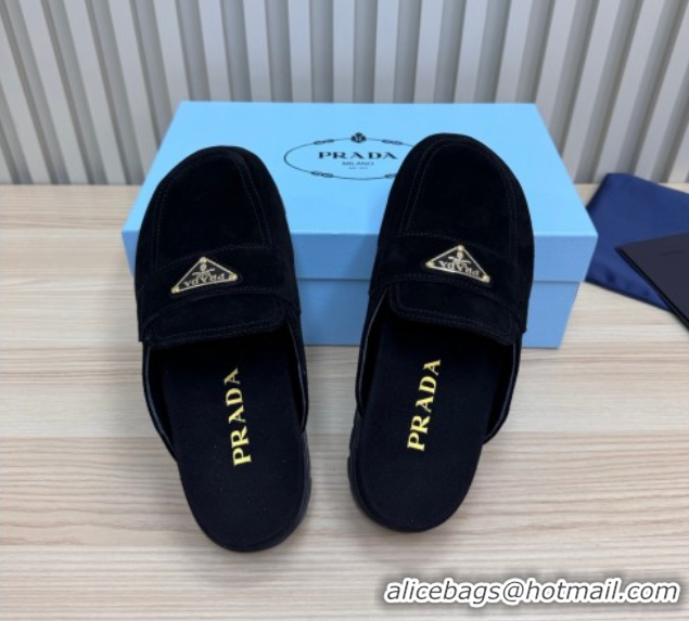 Best Grade Prada Suede Flat Mules Black 2025 043002