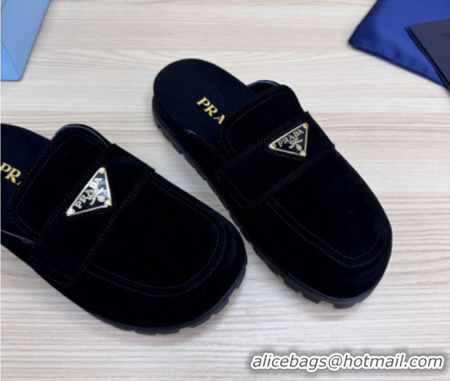 Best Grade Prada Suede Flat Mules Black 2025 043002