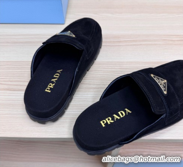 Best Grade Prada Suede Flat Mules Black 2025 043002