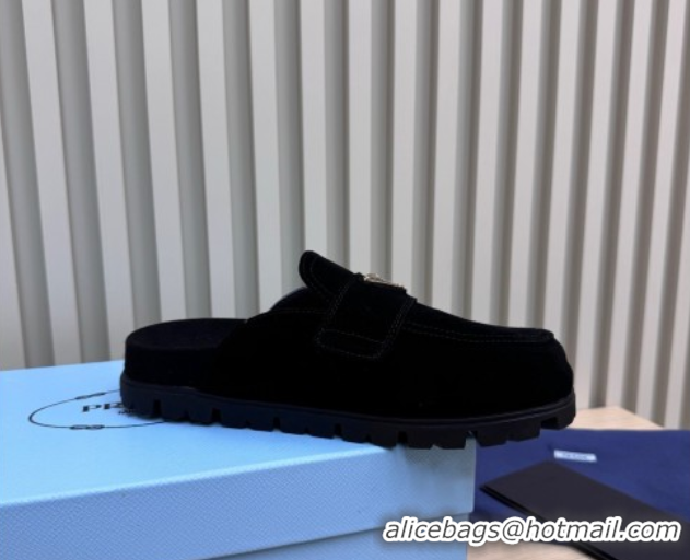 Best Grade Prada Suede Flat Mules Black 2025 043002