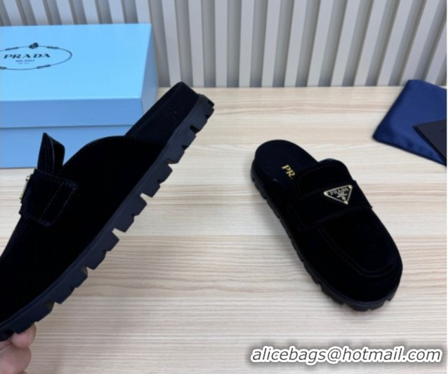 Best Grade Prada Suede Flat Mules Black 2025 043002