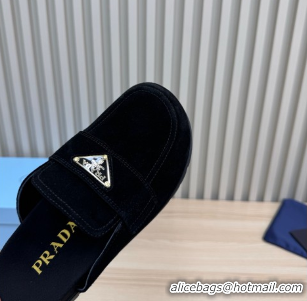 Best Grade Prada Suede Flat Mules Black 2025 043002