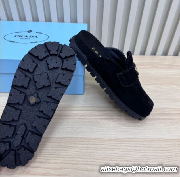 Best Grade Prada Suede Flat Mules Black 2025 043002