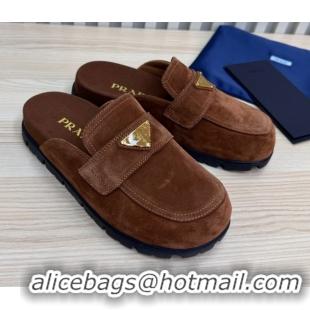 Cheap Price Prada Suede Flat Mules Dark Brown 2025 043002