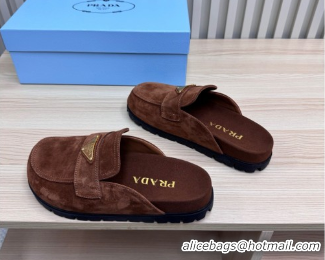 Cheap Price Prada Suede Flat Mules Dark Brown 2025 043002