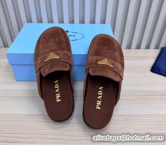 Cheap Price Prada Suede Flat Mules Dark Brown 2025 043002
