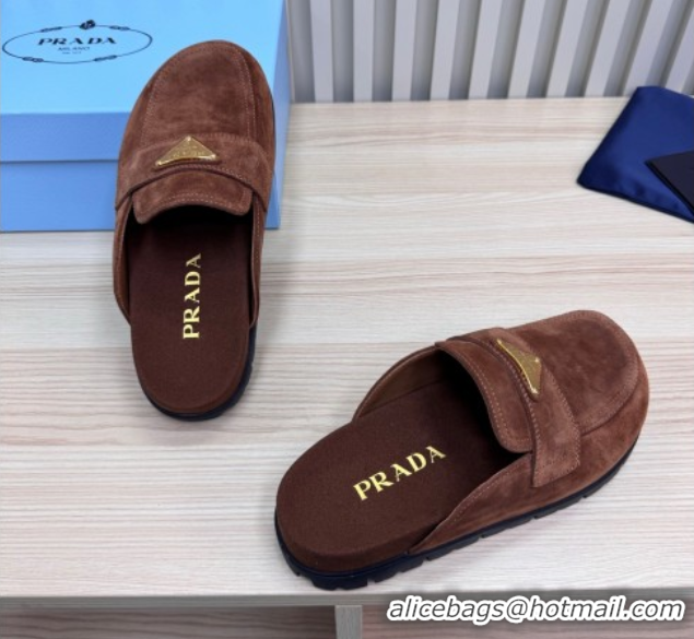 Cheap Price Prada Suede Flat Mules Dark Brown 2025 043002
