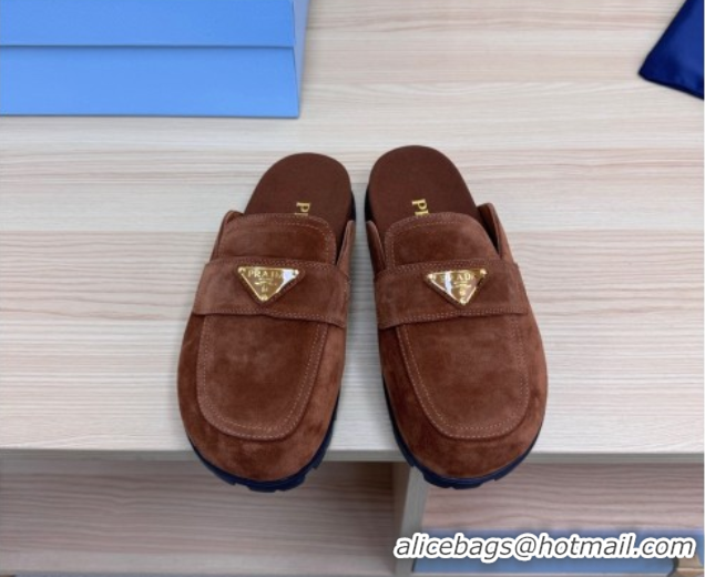 Cheap Price Prada Suede Flat Mules Dark Brown 2025 043002