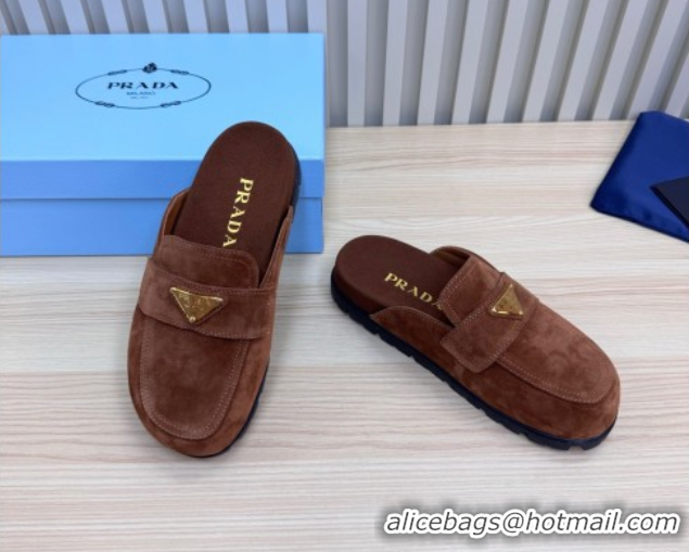 Cheap Price Prada Suede Flat Mules Dark Brown 2025 043002