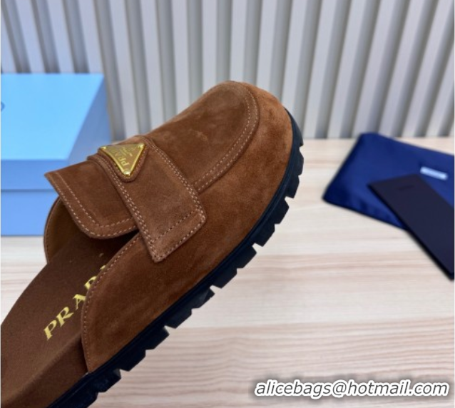 Cheap Price Prada Suede Flat Mules Dark Brown 2025 043002