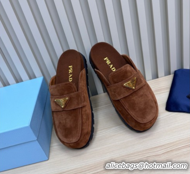 Cheap Price Prada Suede Flat Mules Dark Brown 2025 043002