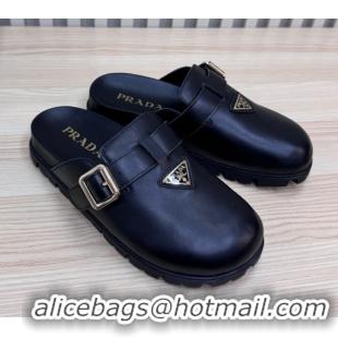 Pretty Style Prada Nappa Leather Flat Mules with Buckle Black 2025 PR071001