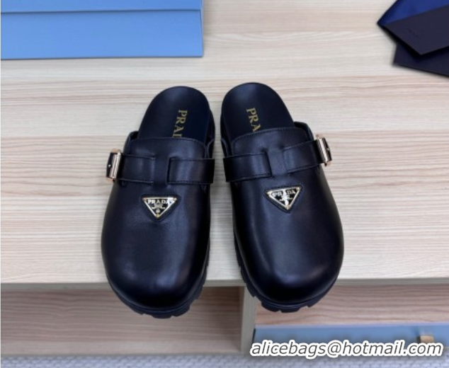 Pretty Style Prada Nappa Leather Flat Mules with Buckle Black 2025 PR071001