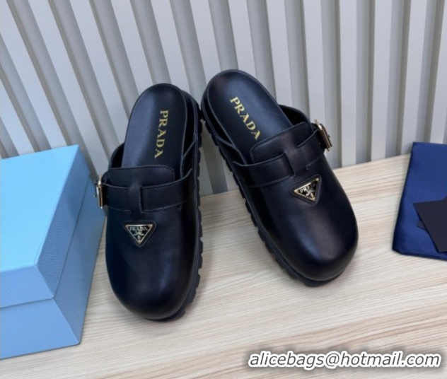 Pretty Style Prada Nappa Leather Flat Mules with Buckle Black 2025 PR071001
