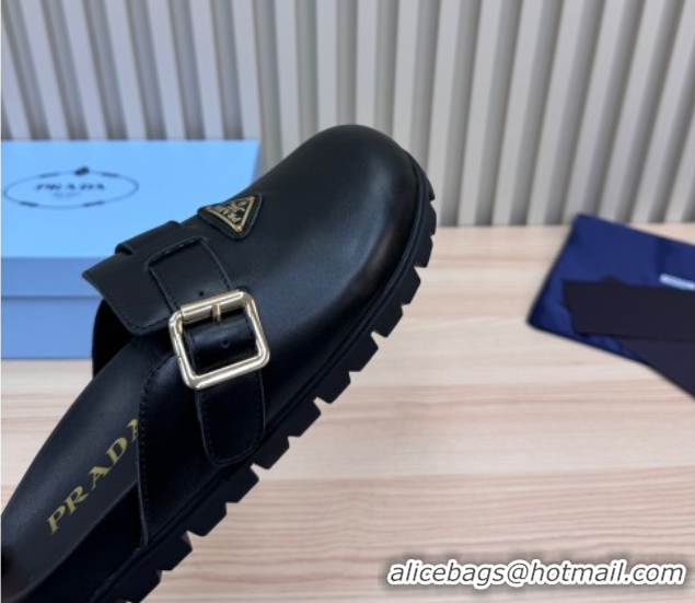 Pretty Style Prada Nappa Leather Flat Mules with Buckle Black 2025 PR071001