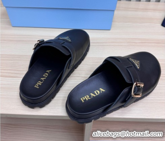 Pretty Style Prada Nappa Leather Flat Mules with Buckle Black 2025 PR071001