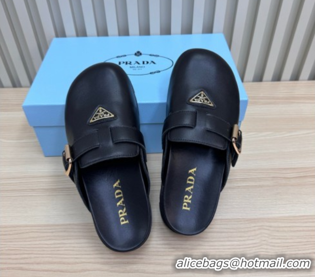 Pretty Style Prada Nappa Leather Flat Mules with Buckle Black 2025 PR071001