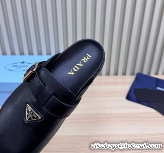 Pretty Style Prada Nappa Leather Flat Mules with Buckle Black 2025 PR071001