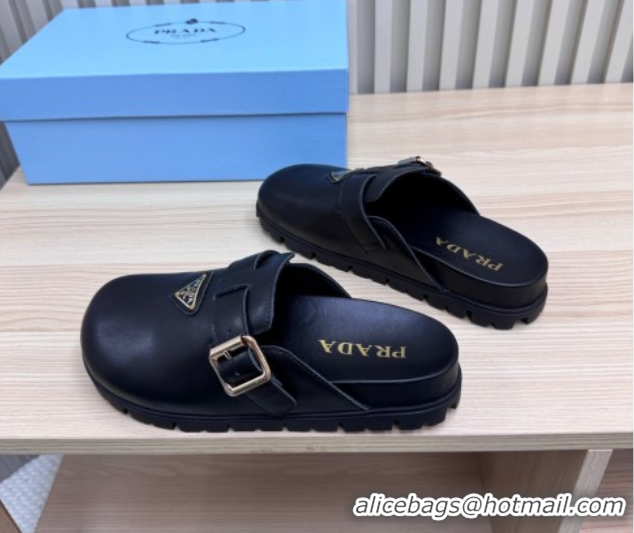 Pretty Style Prada Nappa Leather Flat Mules with Buckle Black 2025 PR071001