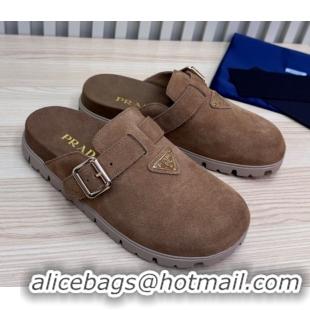 Top Grade Prada Suede Flat Mules with Buckle Taupe Brown 2025 PR071001