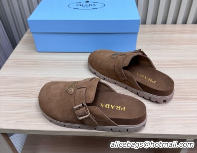 Top Grade Prada Suede Flat Mules with Buckle Taupe Brown 2025 PR071001
